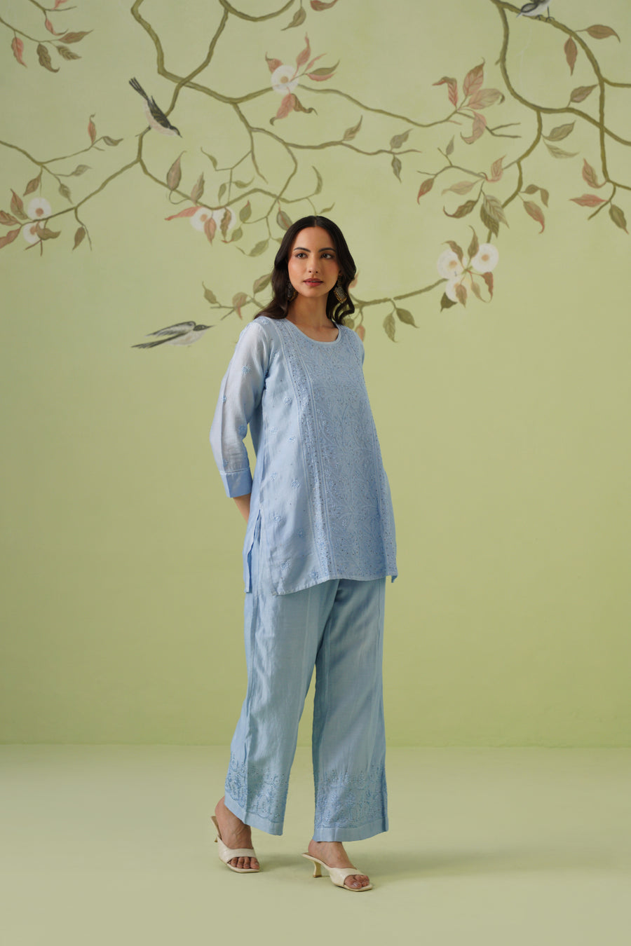 Chanderi Chikankari Co-ord Set - Light Blue