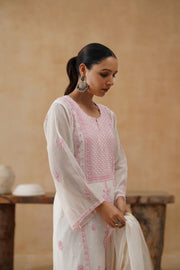 Mul Chikankari 3 pc Suit - White and Pink