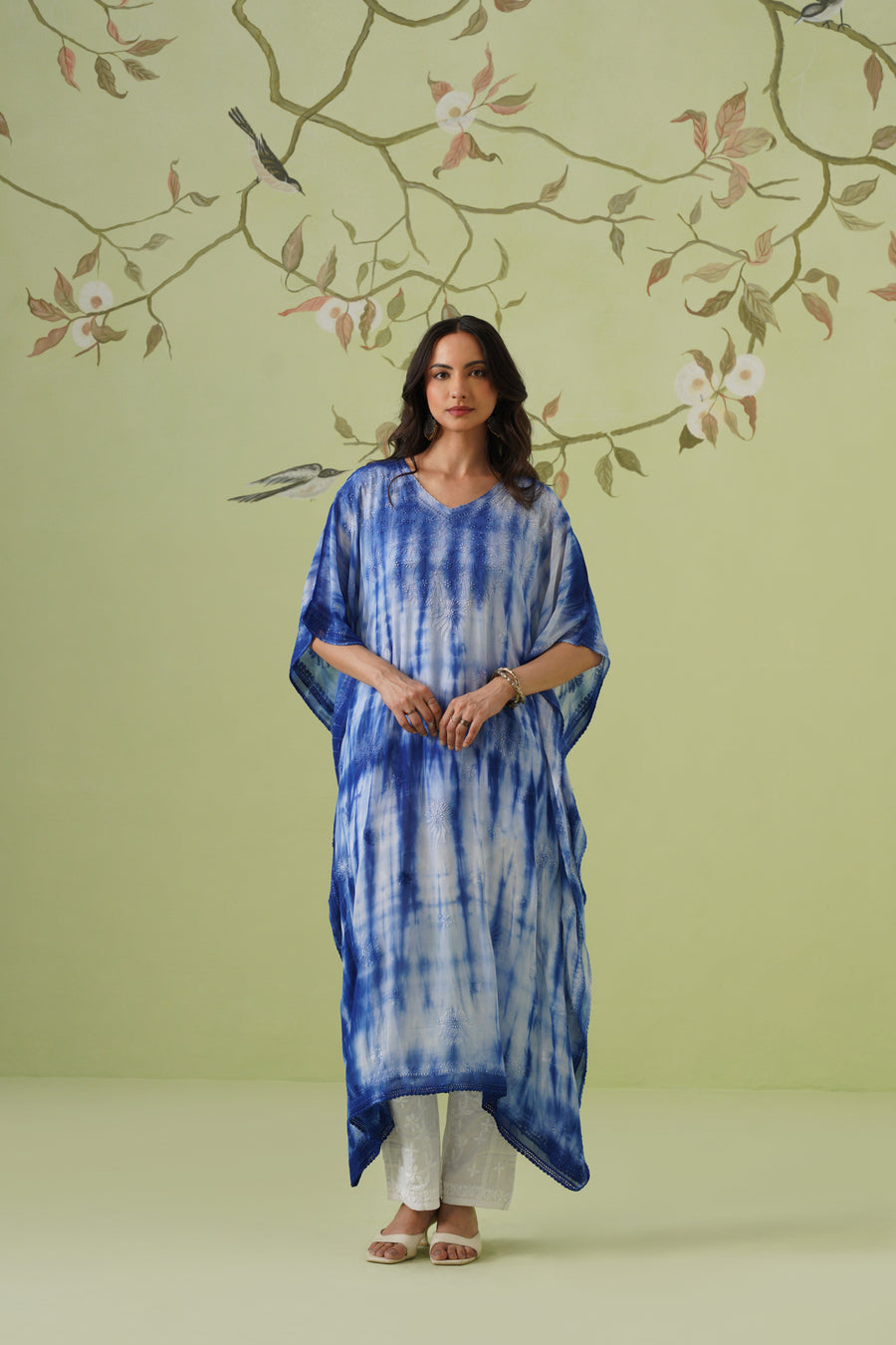 Viscose Chikankari Tie & Dye Kaftan - Royal Blue