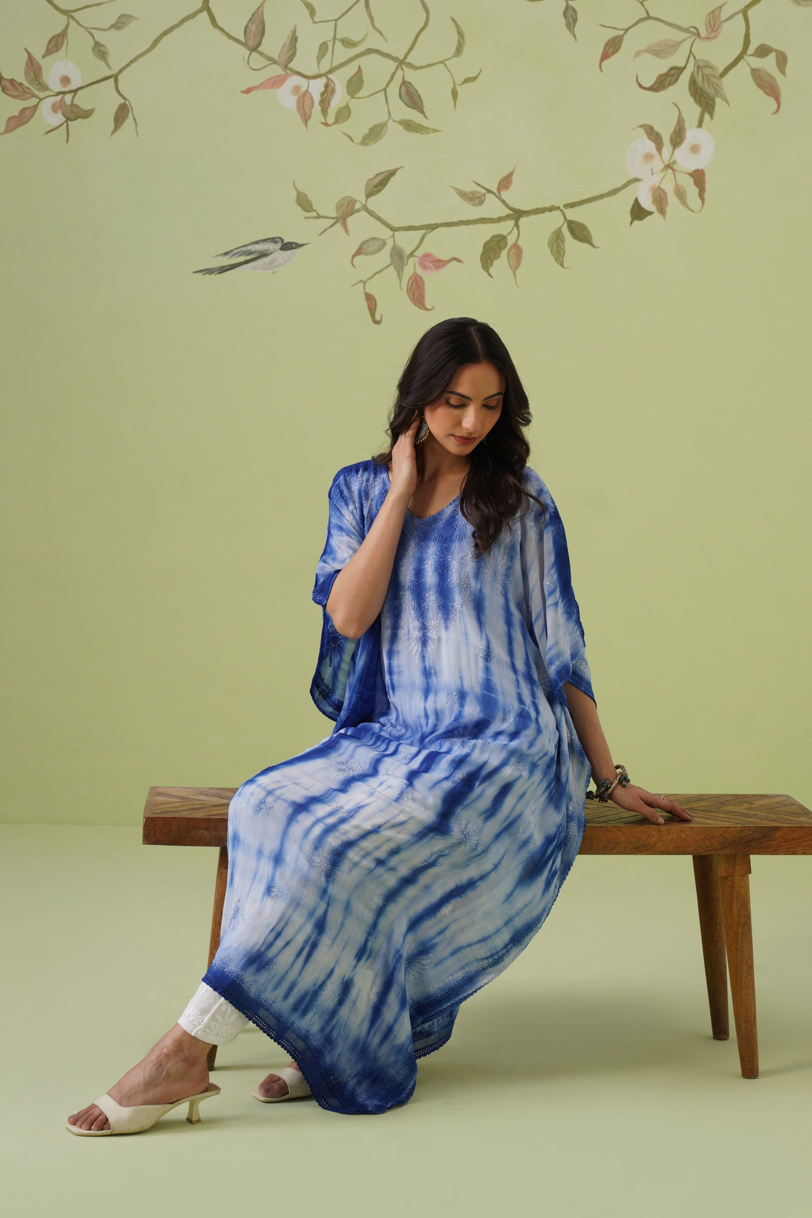 Viscose Chikankari Tie & Dye Kaftan - Royal Blue