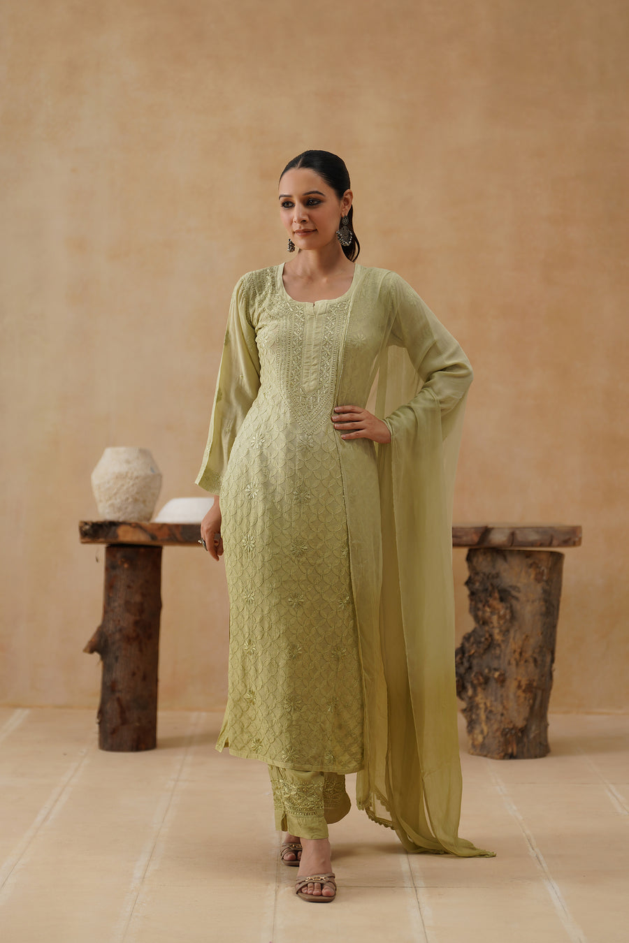 Mul Chikankari 3 pc set - Light Olive