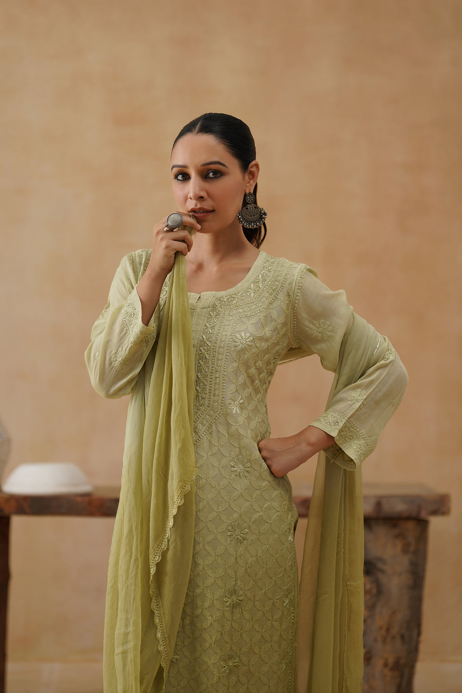 Mul Chikankari 3 pc set - Light Olive