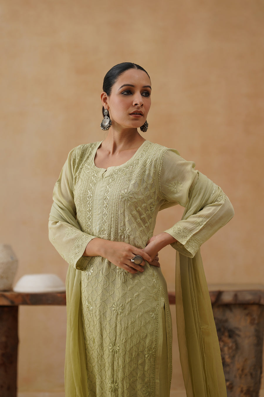 Mul Chikankari 3 pc set - Light Olive