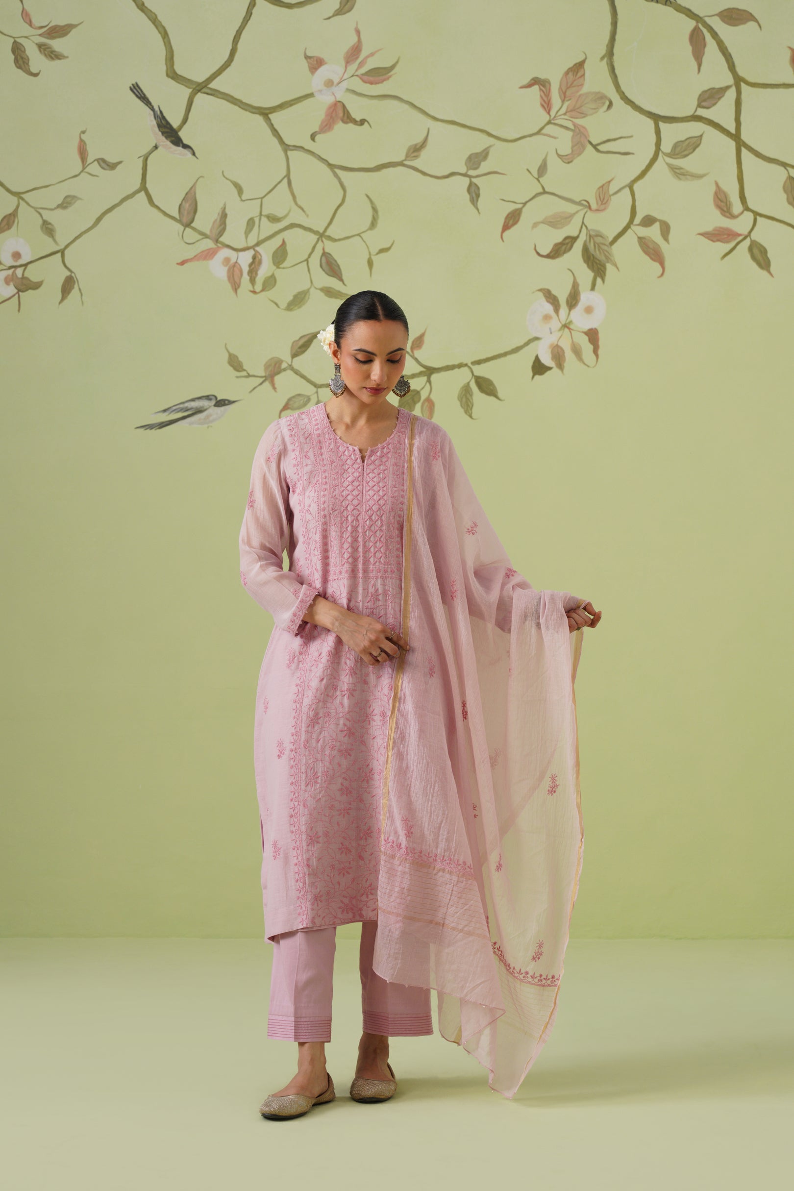 Mul Chanderi Chikankari 3pc Suit - Blush Mauve