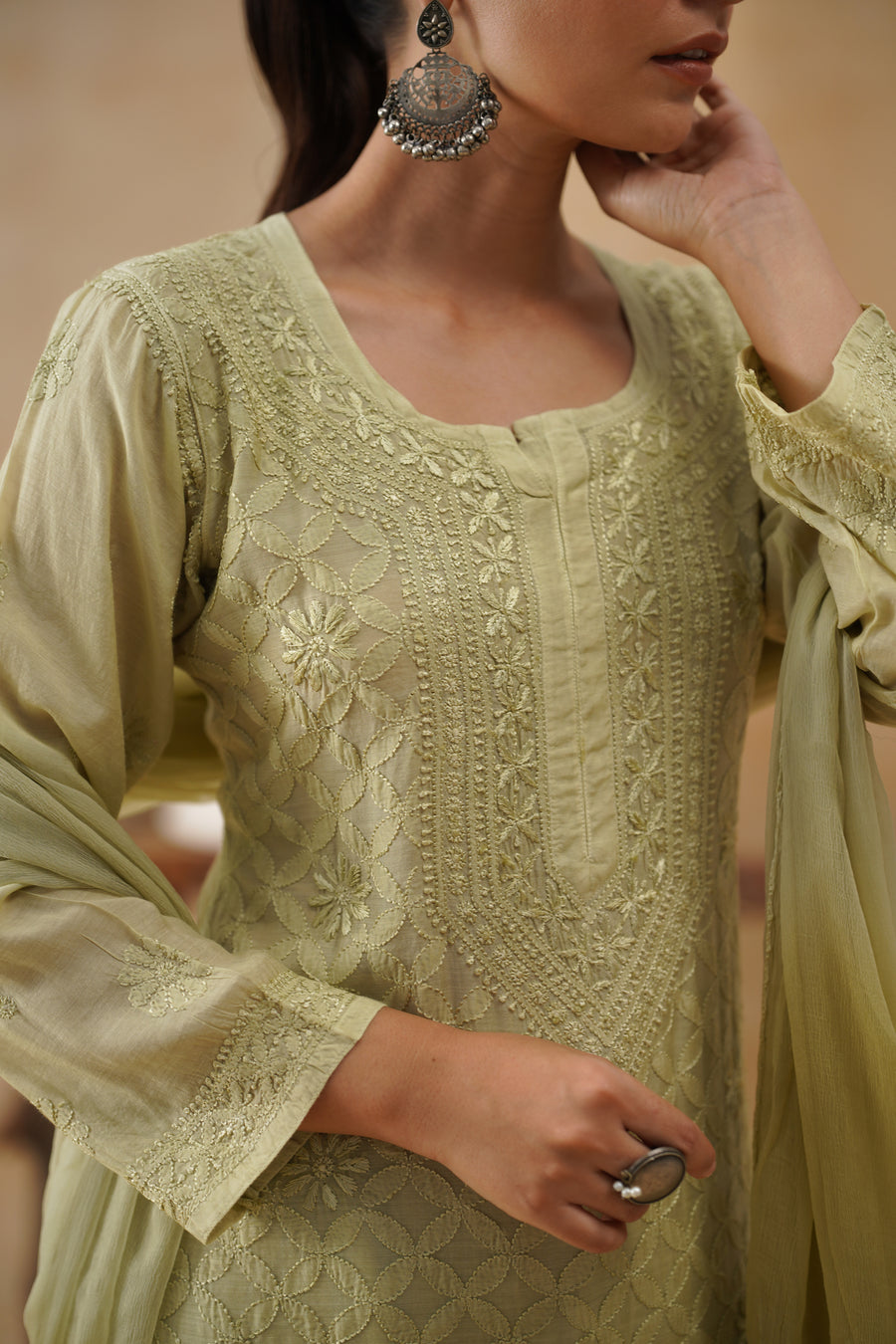 Mul Chikankari 3 pc set - Light Olive