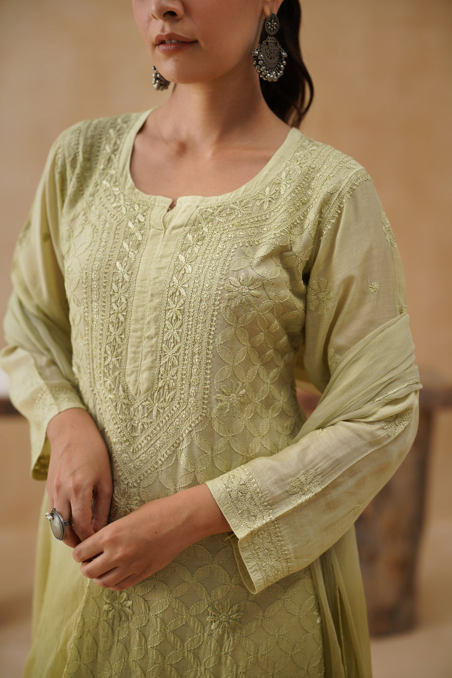 Mul Chikankari 3 pc set - Light Olive