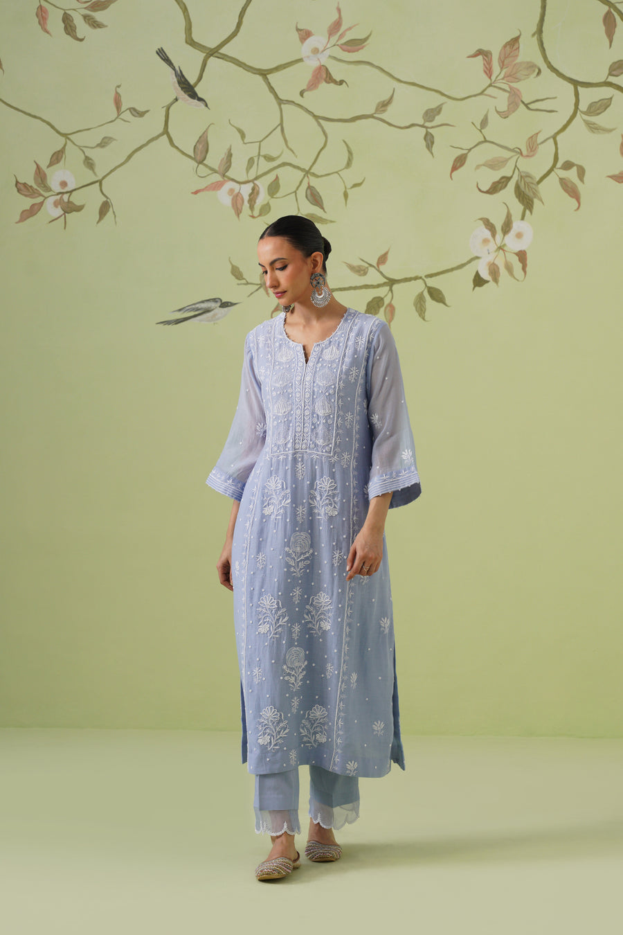 Mul Chanderi Chikankari 3pc Suit - Ink Blue