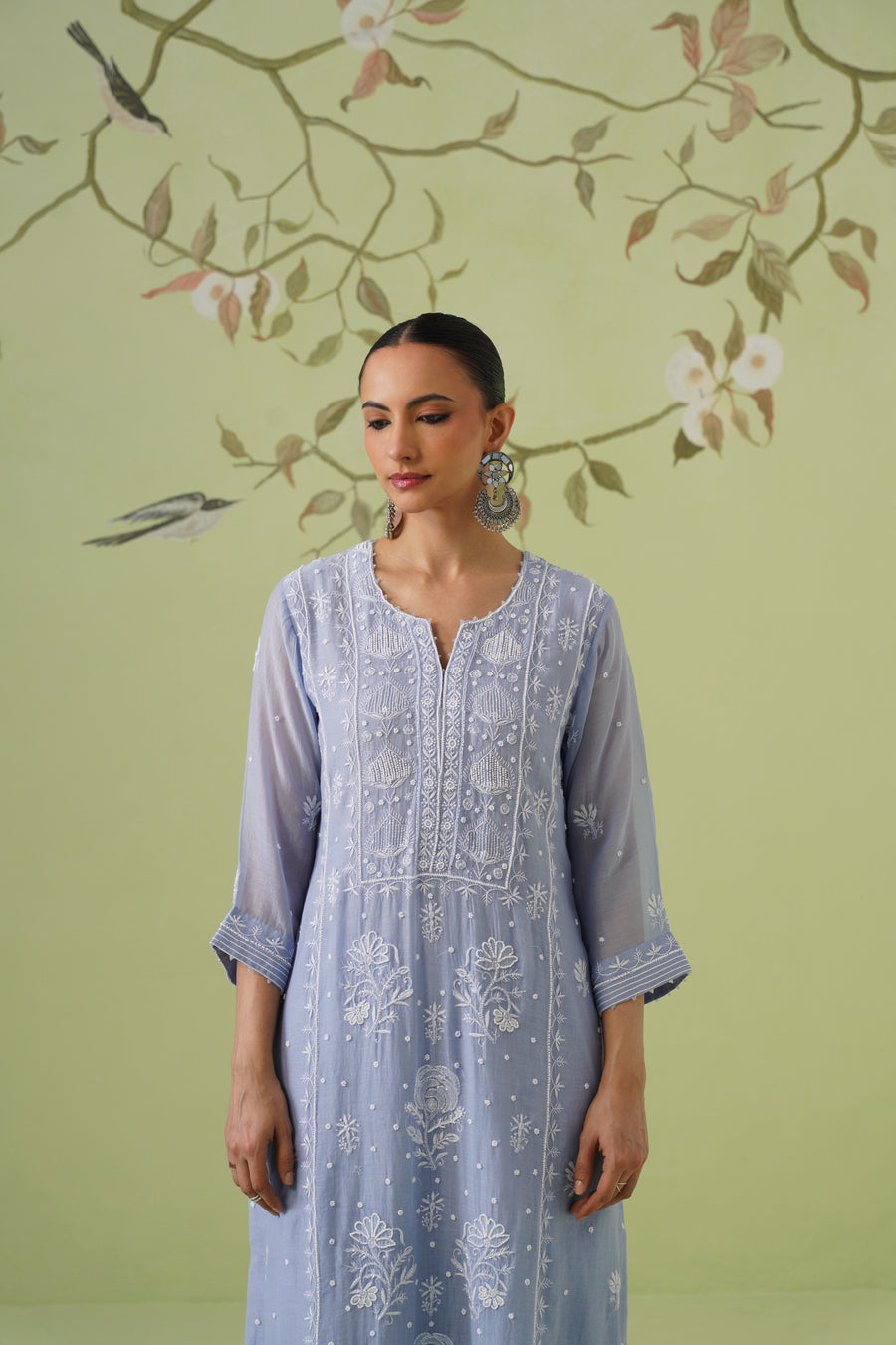 Mul Chanderi Chikankari 3pc Suit - Ink Blue