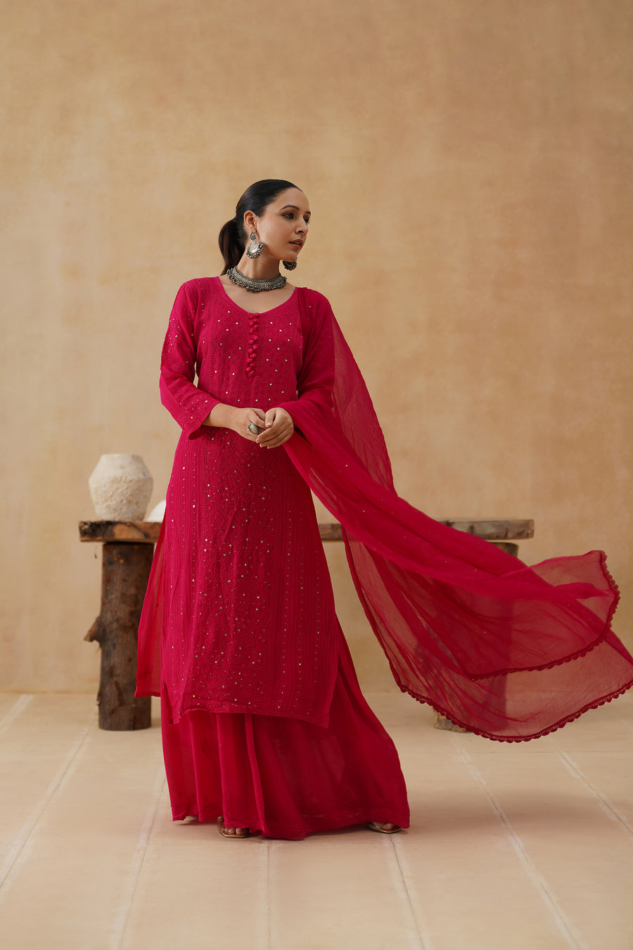 Georgette Sharara Set - Royal Pink