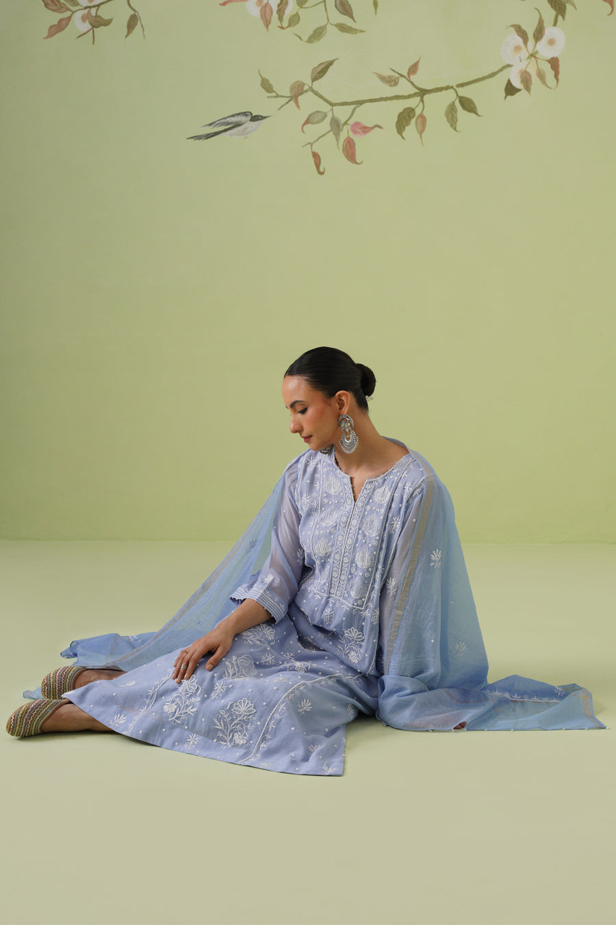 Mul Chanderi Chikankari 3pc Suit - Ink Blue