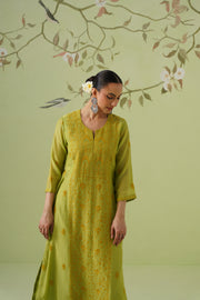 Mul Chanderi Chikankari 3pc Suit - Avocado Green