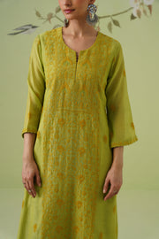 Mul Chanderi Chikankari 3pc Suit - Avocado Green