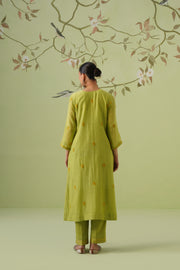 Mul Chanderi Chikankari 3pc Suit - Avocado Green