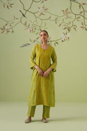 Mul Chanderi Chikankari 3pc Suit - Avocado Green