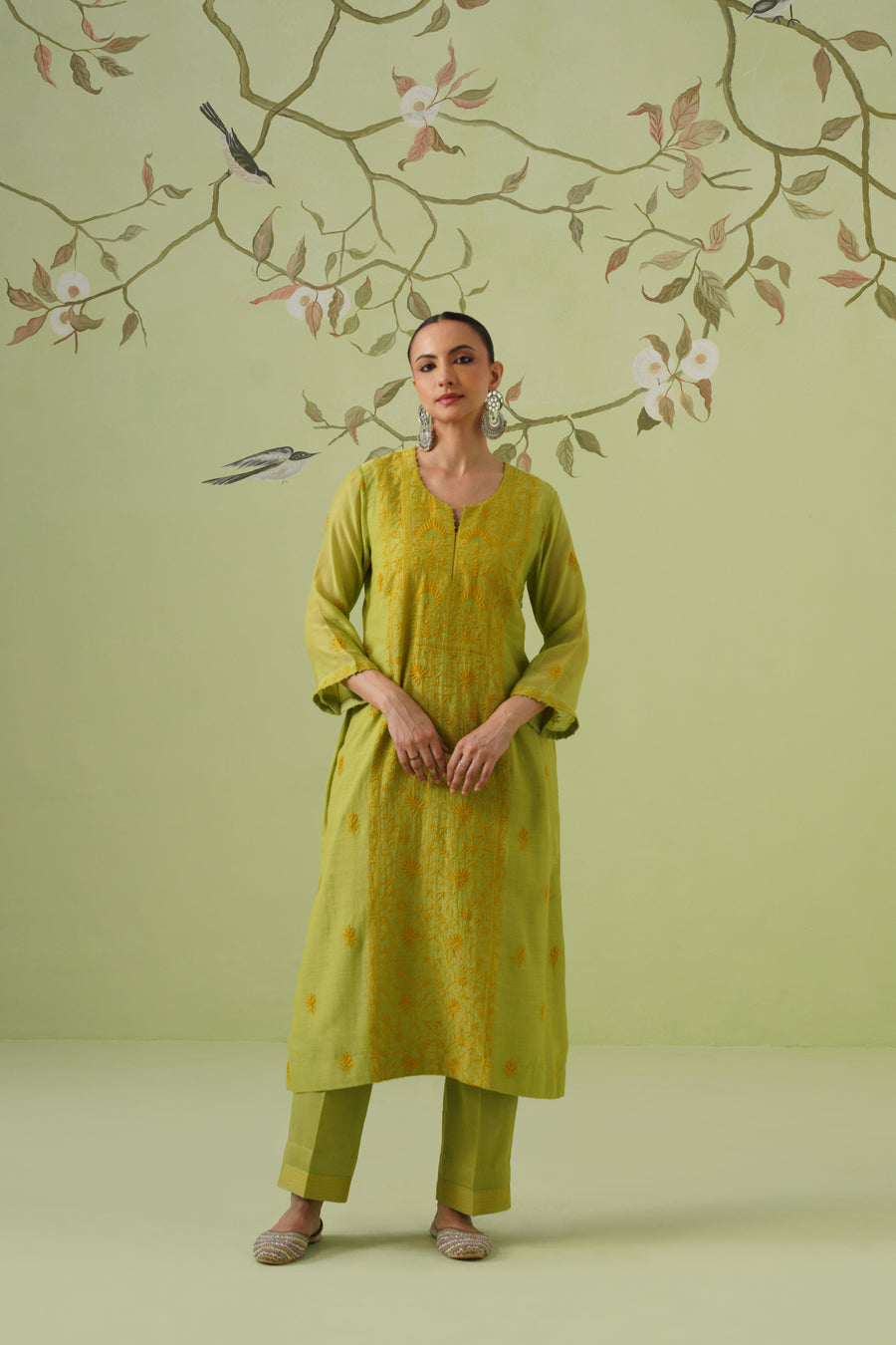 Mul Chanderi Chikankari 3pc Suit - Avocado Green