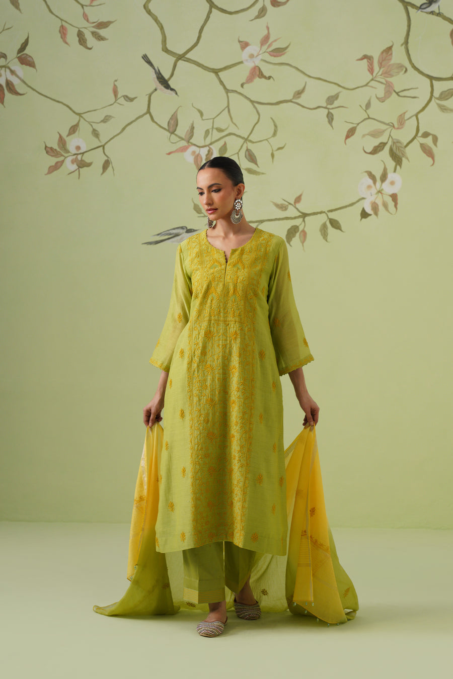Mul Chanderi Chikankari 3pc Suit - Avocado Green