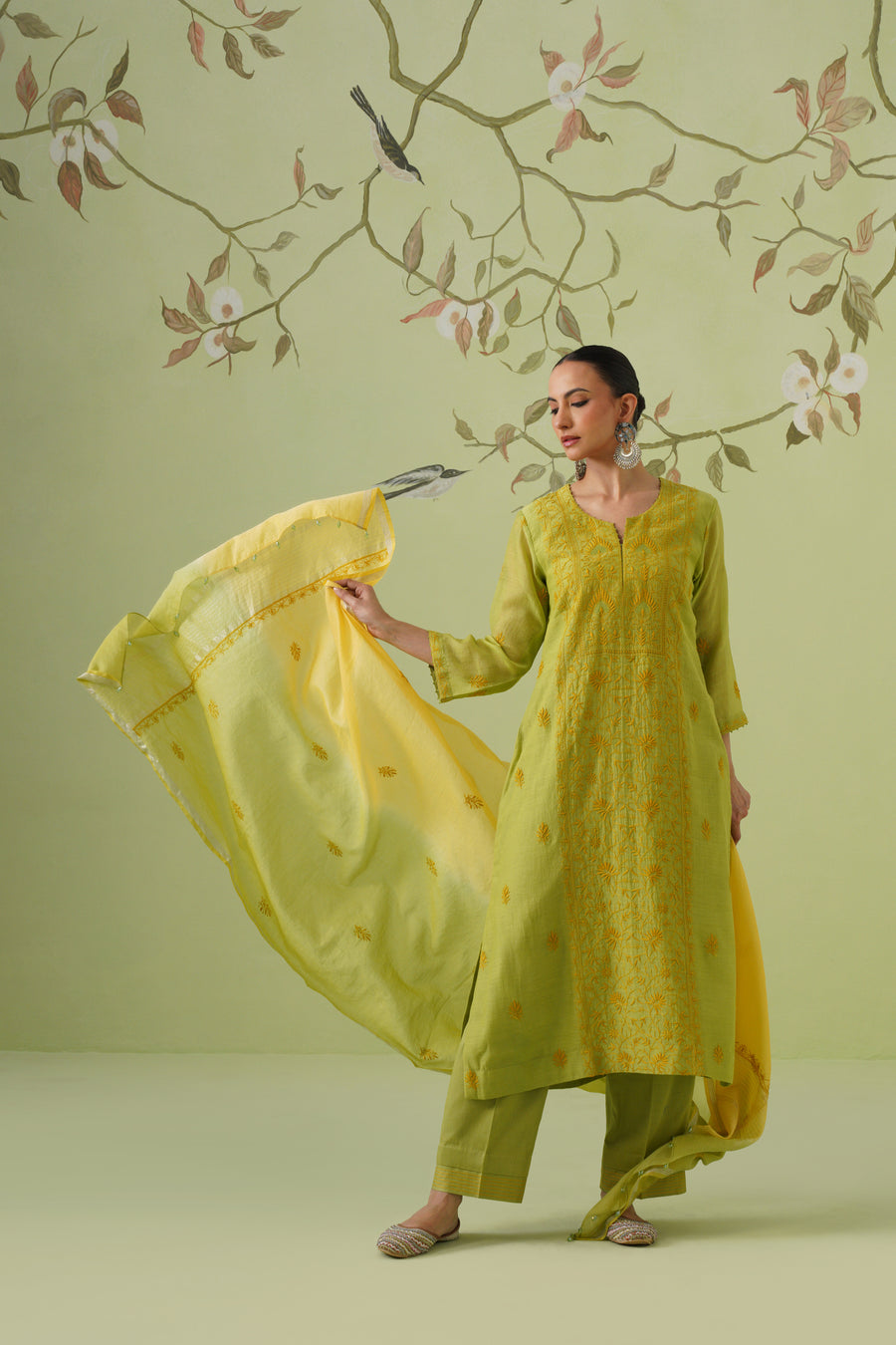 Mul Chanderi Chikankari 3pc Suit - Avocado Green