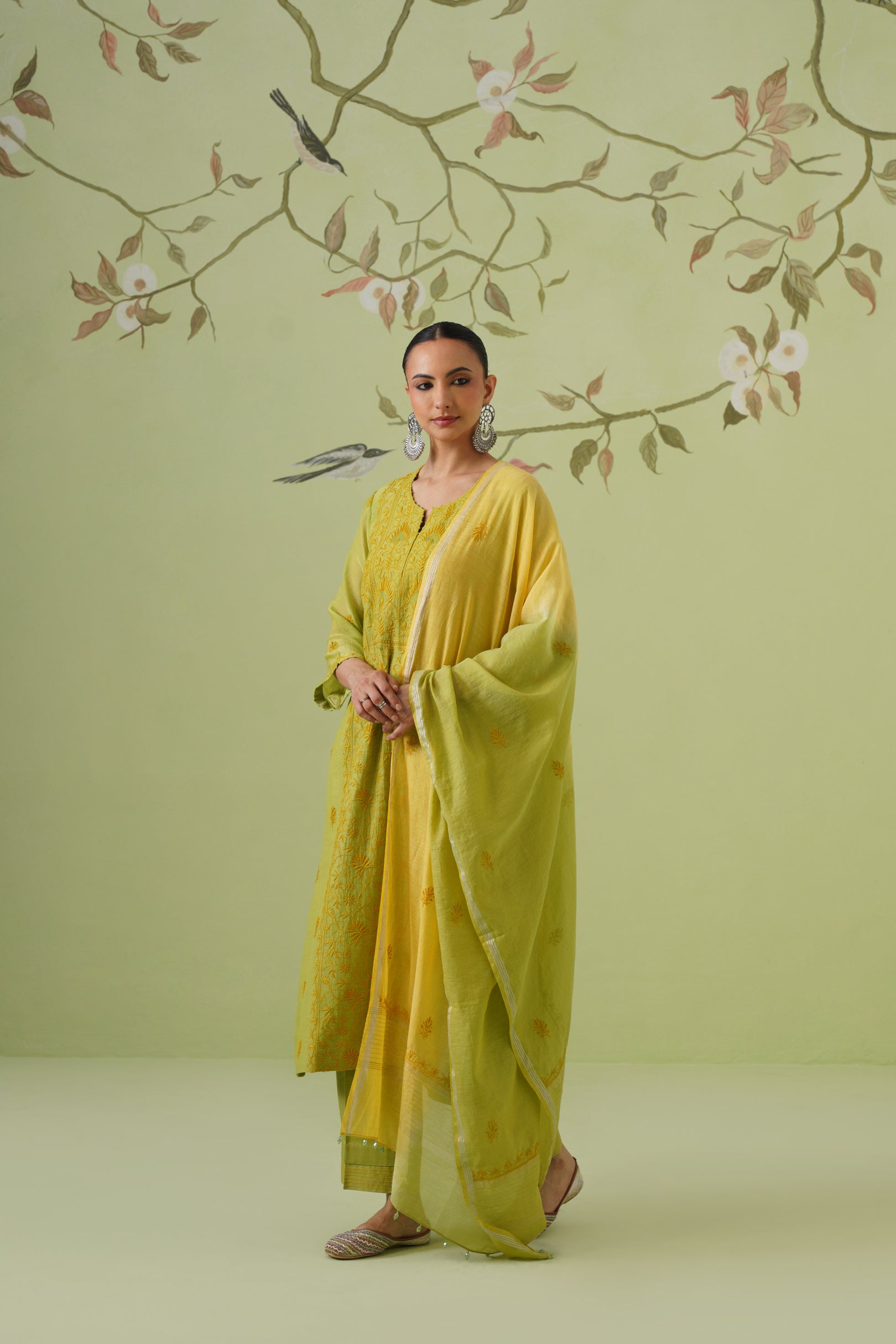 Mul Chanderi Chikankari 3pc Suit - Avocado Green
