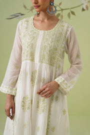 Mul Chanderi Chikankari 3pc Anarkali - White & Green
