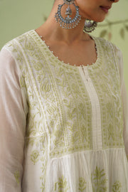 Mul Chanderi Chikankari 3pc Anarkali - White & Green
