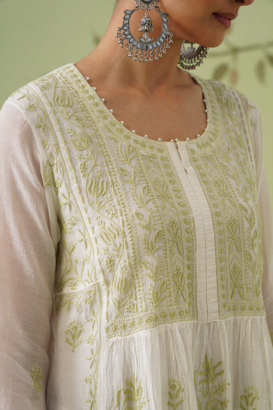 Mul Chanderi Chikankari 3pc Anarkali - White & Green