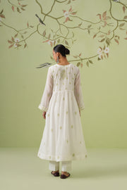 Mul Chanderi Chikankari 3pc Anarkali - White & Green
