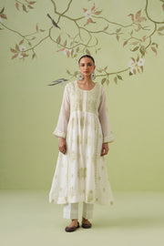 Mul Chanderi Chikankari 3pc Anarkali - White & Green