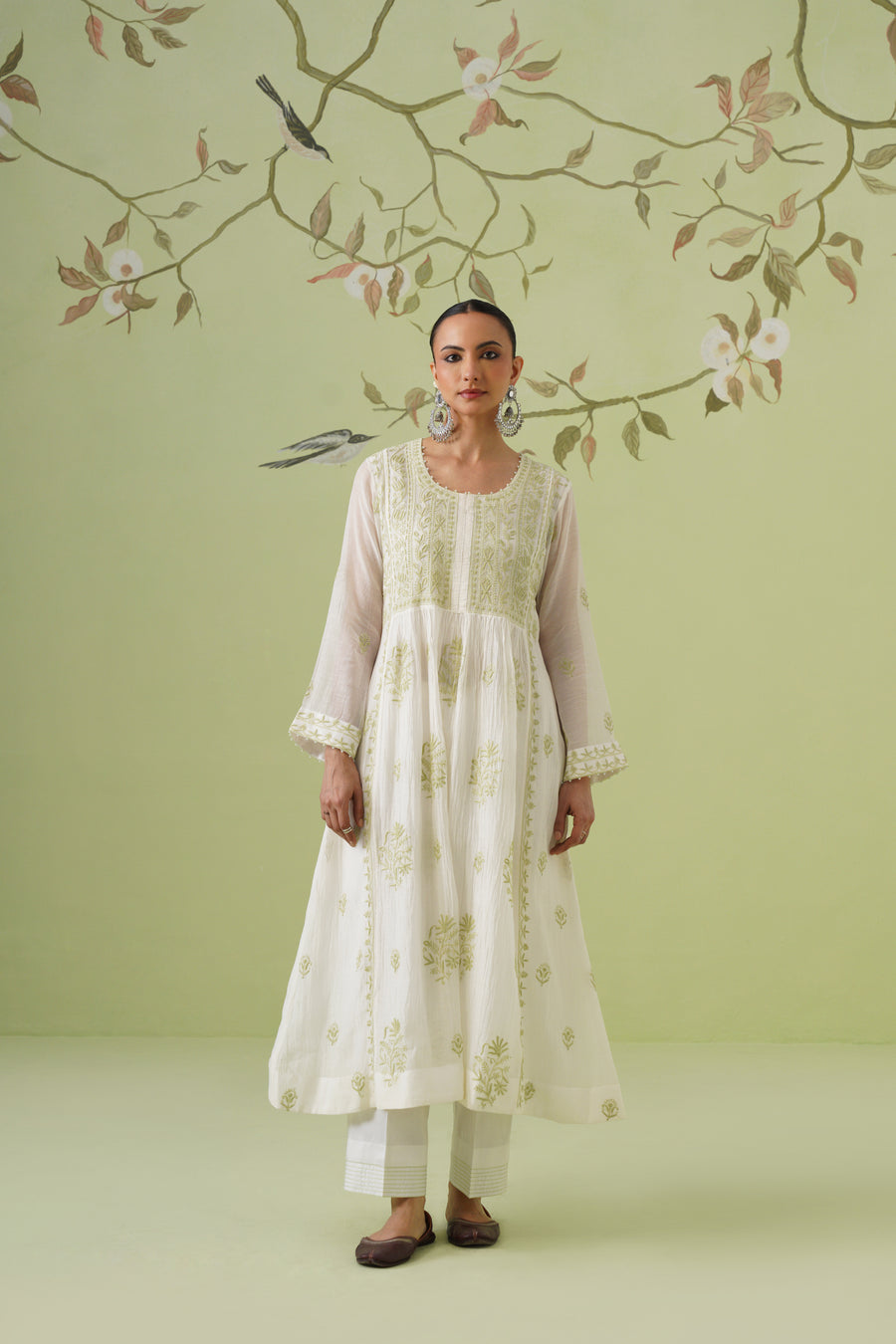 Mul Chanderi Chikankari 3pc Anarkali - White & Green
