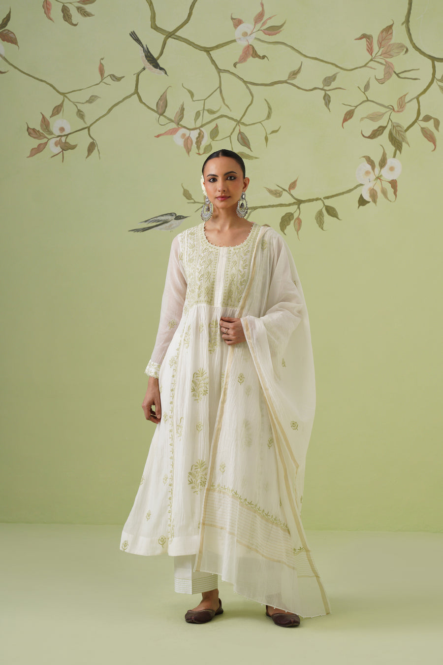 Mul Chanderi Chikankari 3pc Anarkali - White & Green