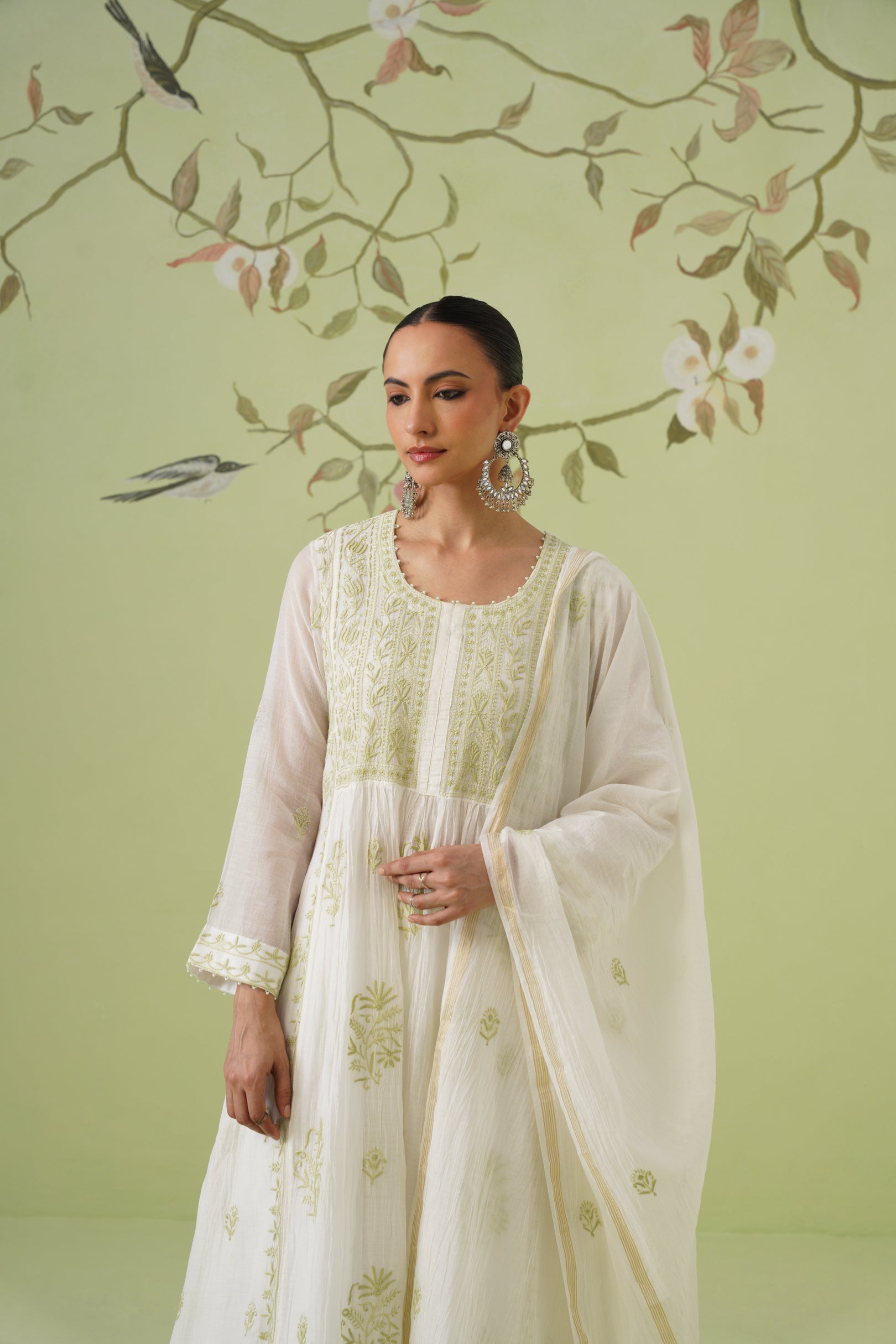 Mul Chanderi Chikankari 3pc Anarkali - White & Green
