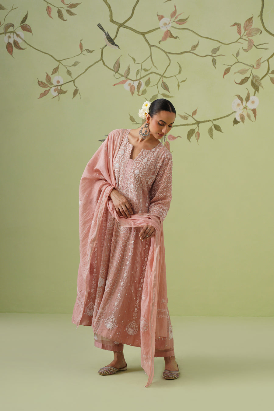 Tissue Chikankari 3pc Anarkali - Dusty Rose