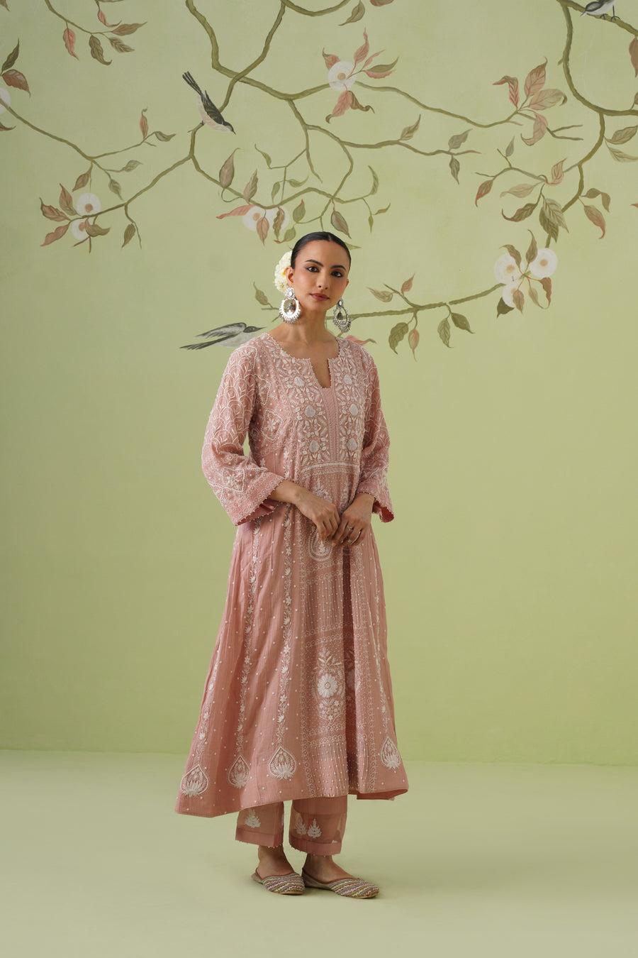 Tissue Chikankari 3pc Anarkali - Dusty Rose