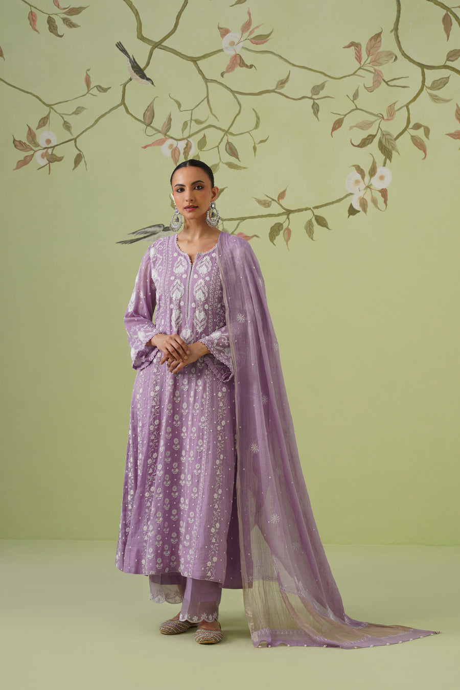 Tissue Chikankari 3pc Anarkali- Dusty Lavender