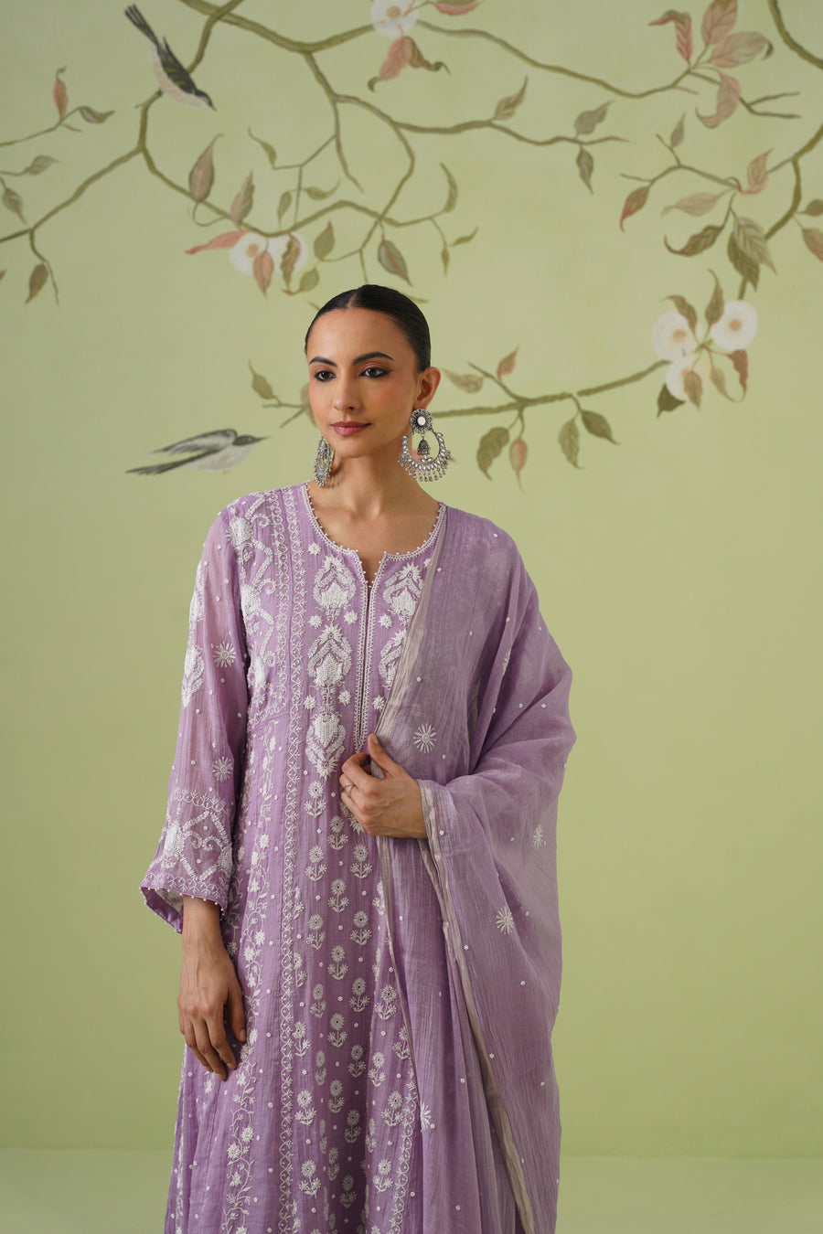 Tissue Chikankari 3pc Anarkali- Dusty Lavender