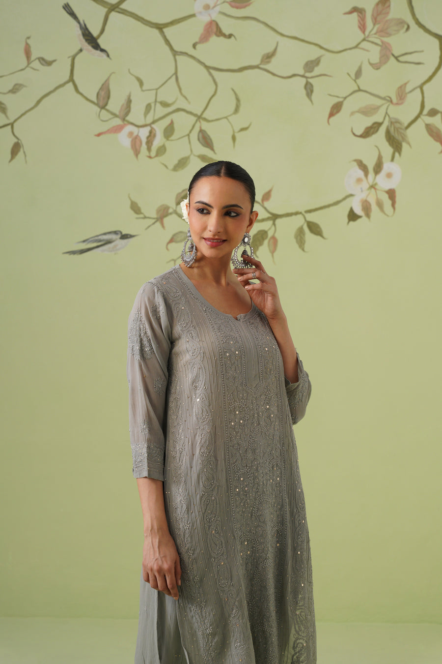 Viscose Chikankari Kurta Pant Set - Grey