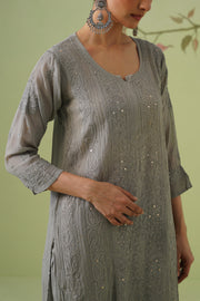 Viscose Chikankari Kurta Pant Set - Grey