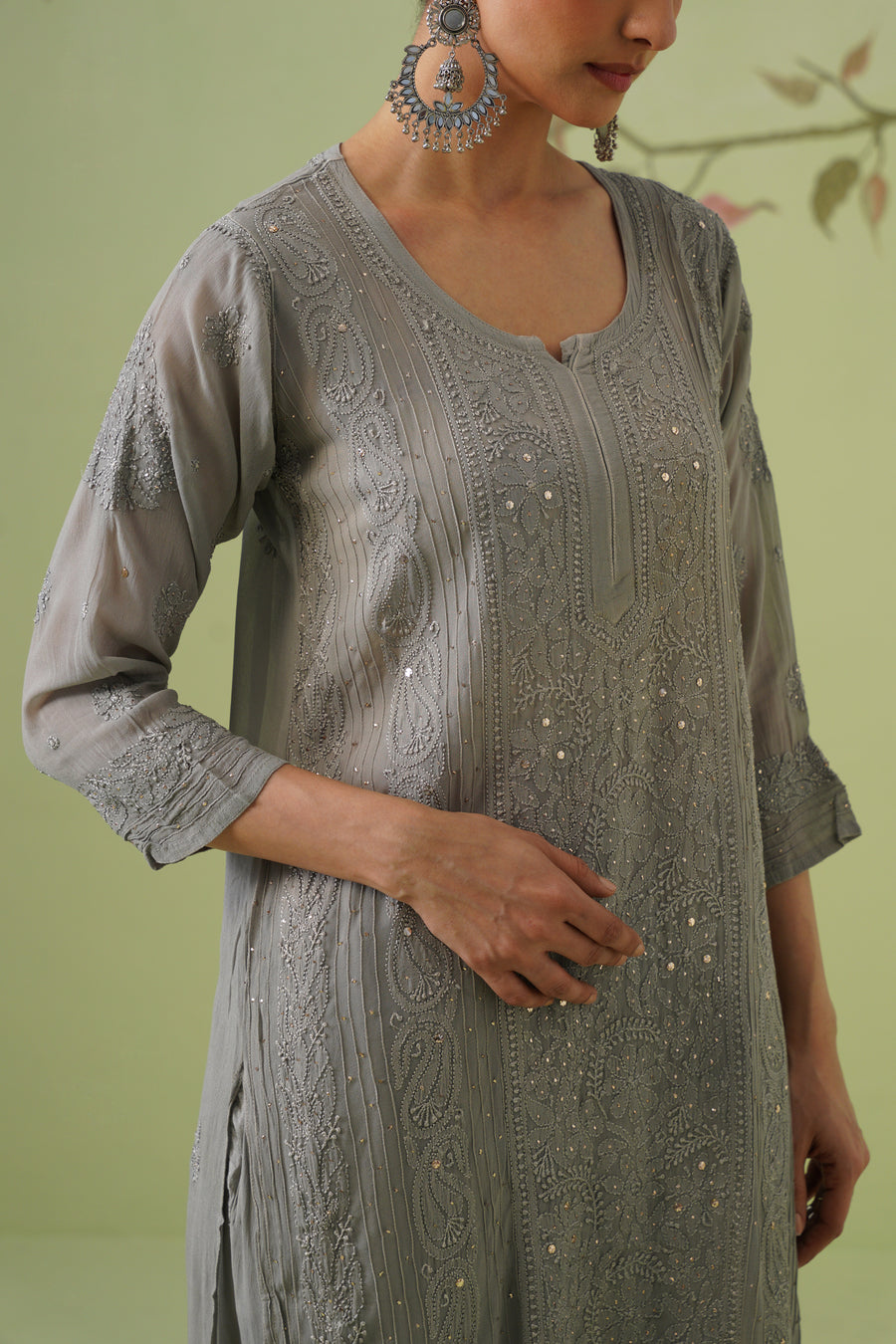 Viscose Chikankari Kurta Pant Set - Grey