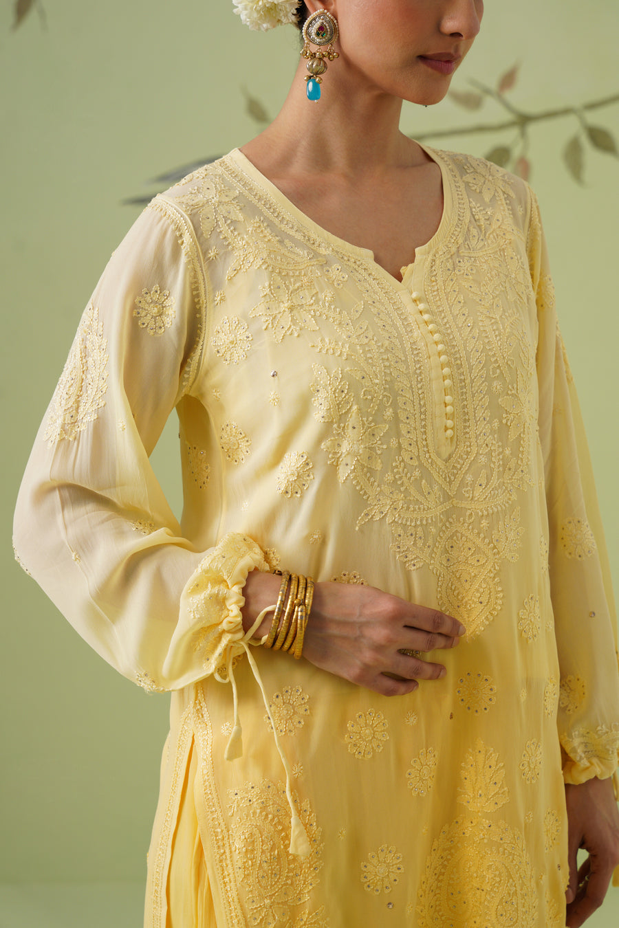 Viscose Chikankari Kurta Pant Set - Yellow Ombre