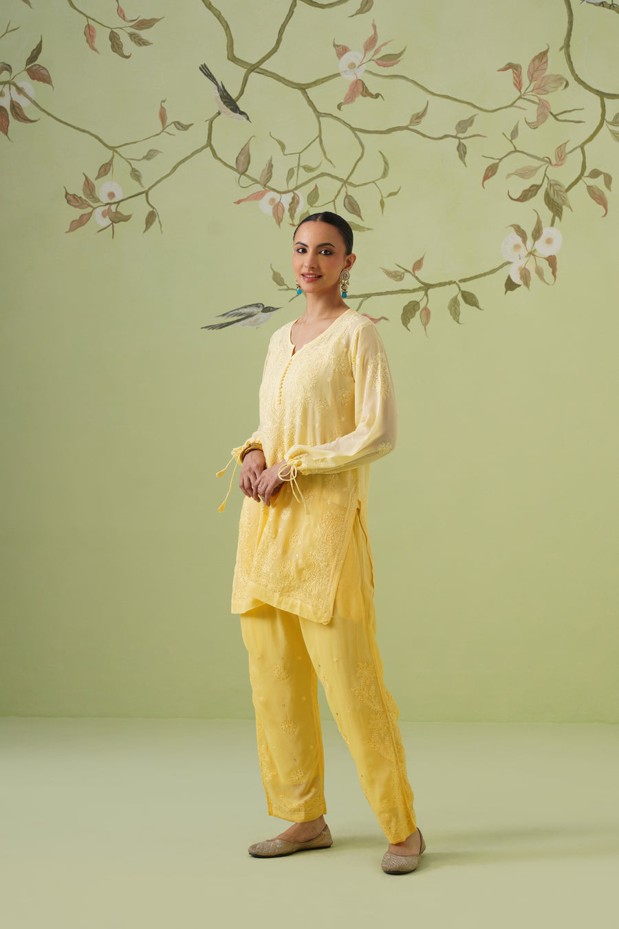 Viscose Chikankari Kurta Pant Set - Yellow Ombre