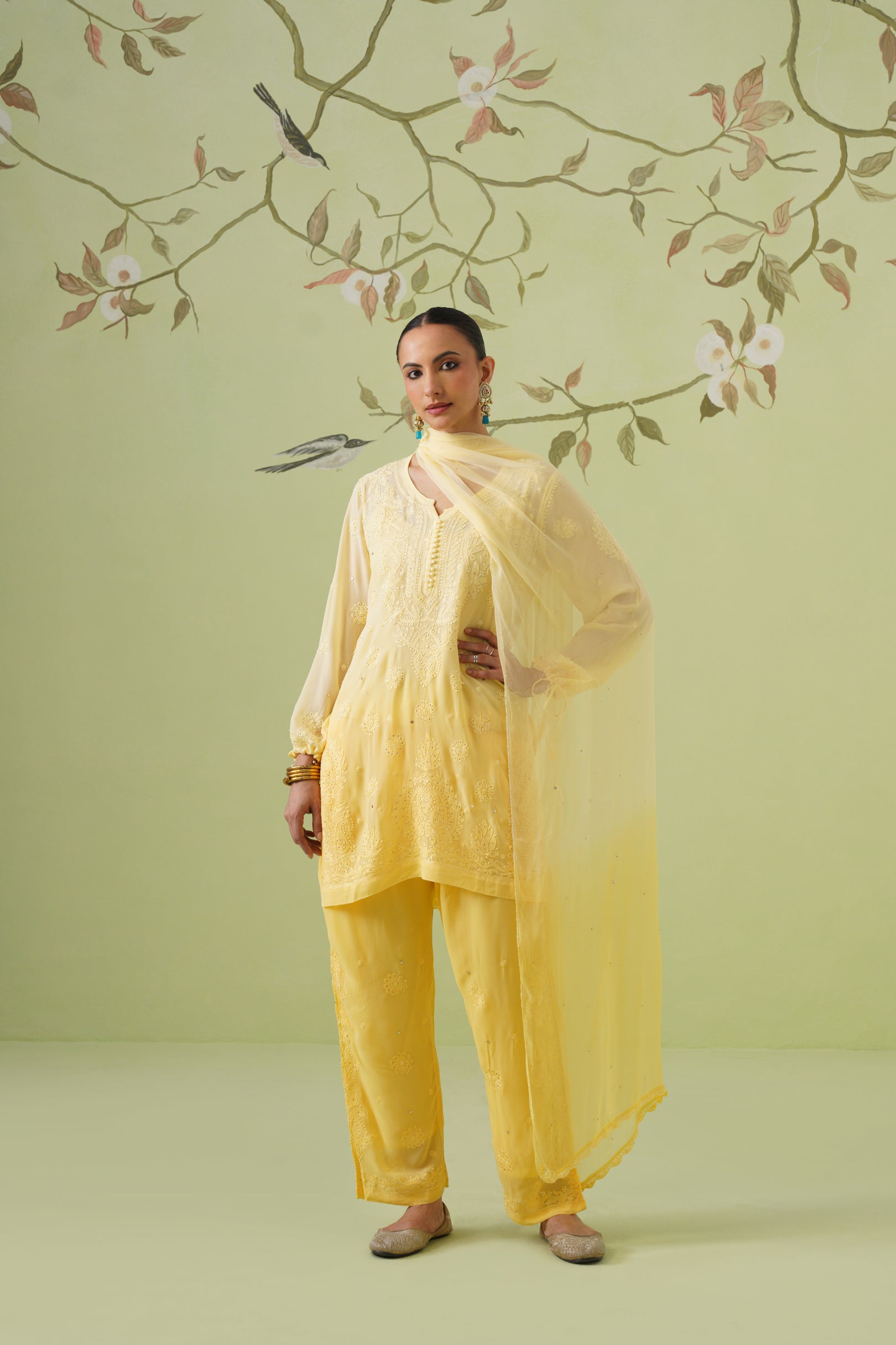 Viscose Chikankari Kurta Pant Set - Yellow Ombre