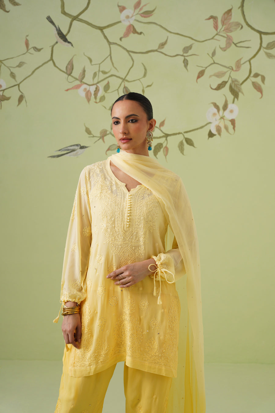 Viscose Chikankari Kurta Pant Set - Yellow Ombre