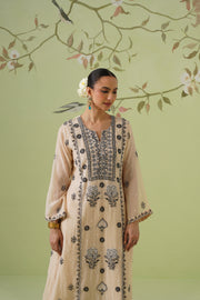 Mul Chanderi Chikankari 3pc Suit - Beige & Black