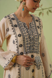 Mul Chanderi Chikankari 3pc Suit - Beige & Black