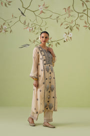 Mul Chanderi Chikankari 3pc Suit - Beige & Black