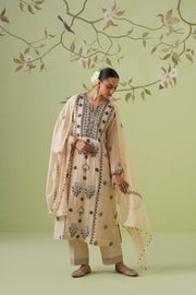Mul Chanderi Chikankari 3pc Suit - Beige & Black
