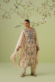 Mul Chanderi Chikankari 3pc Suit - Beige & Black