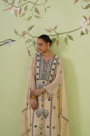 Mul Chanderi Chikankari 3pc Suit - Beige & Black