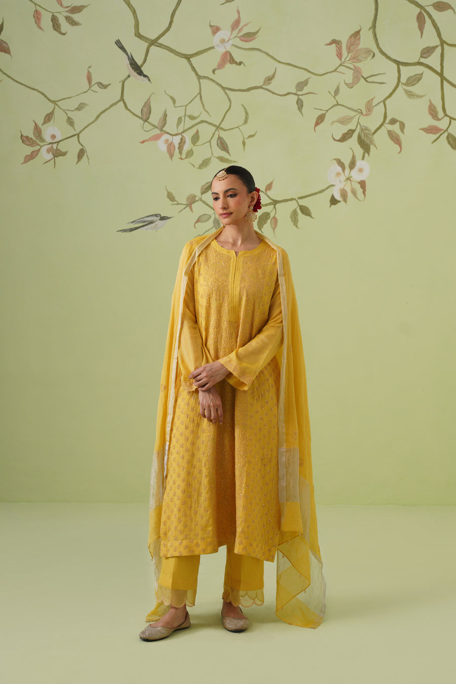 Tissue Chikankari 3pc Suit Set - Golden Yellow