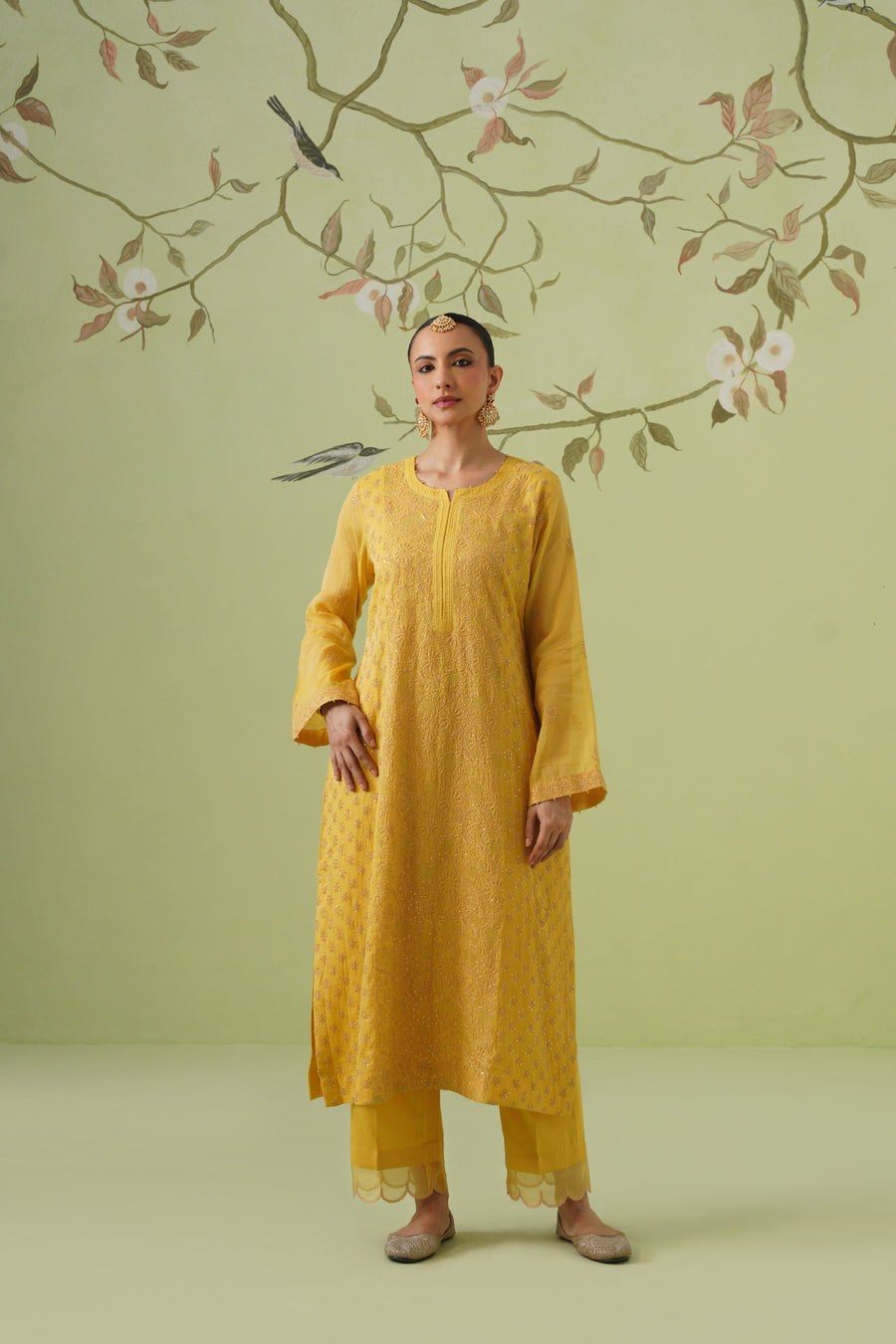 Tissue Chikankari 3pc Suit Set - Golden Yellow