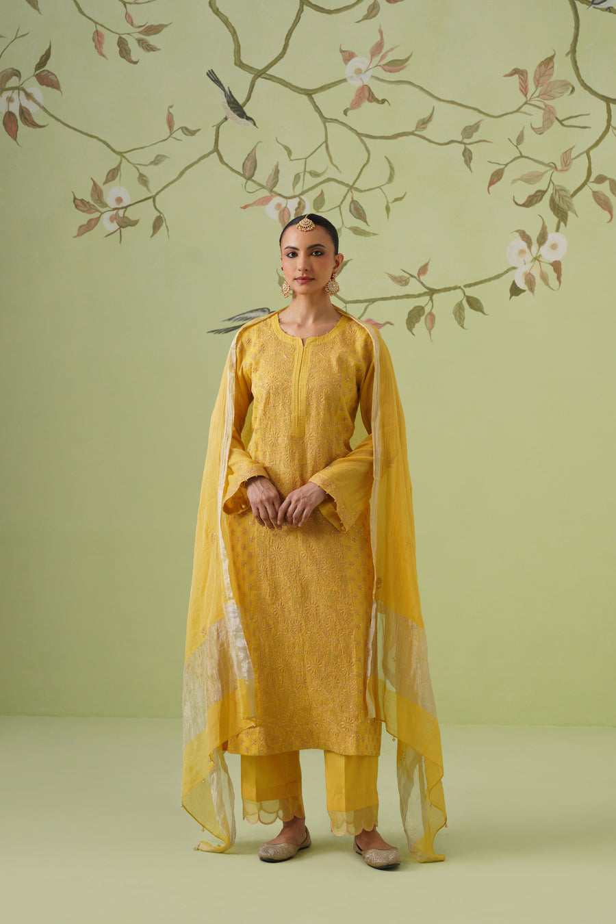 Tissue Chikankari 3pc Suit Set - Golden Yellow